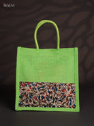 Pretty Green Half & Half Kalamkari Jute Bag with Rope Handles 