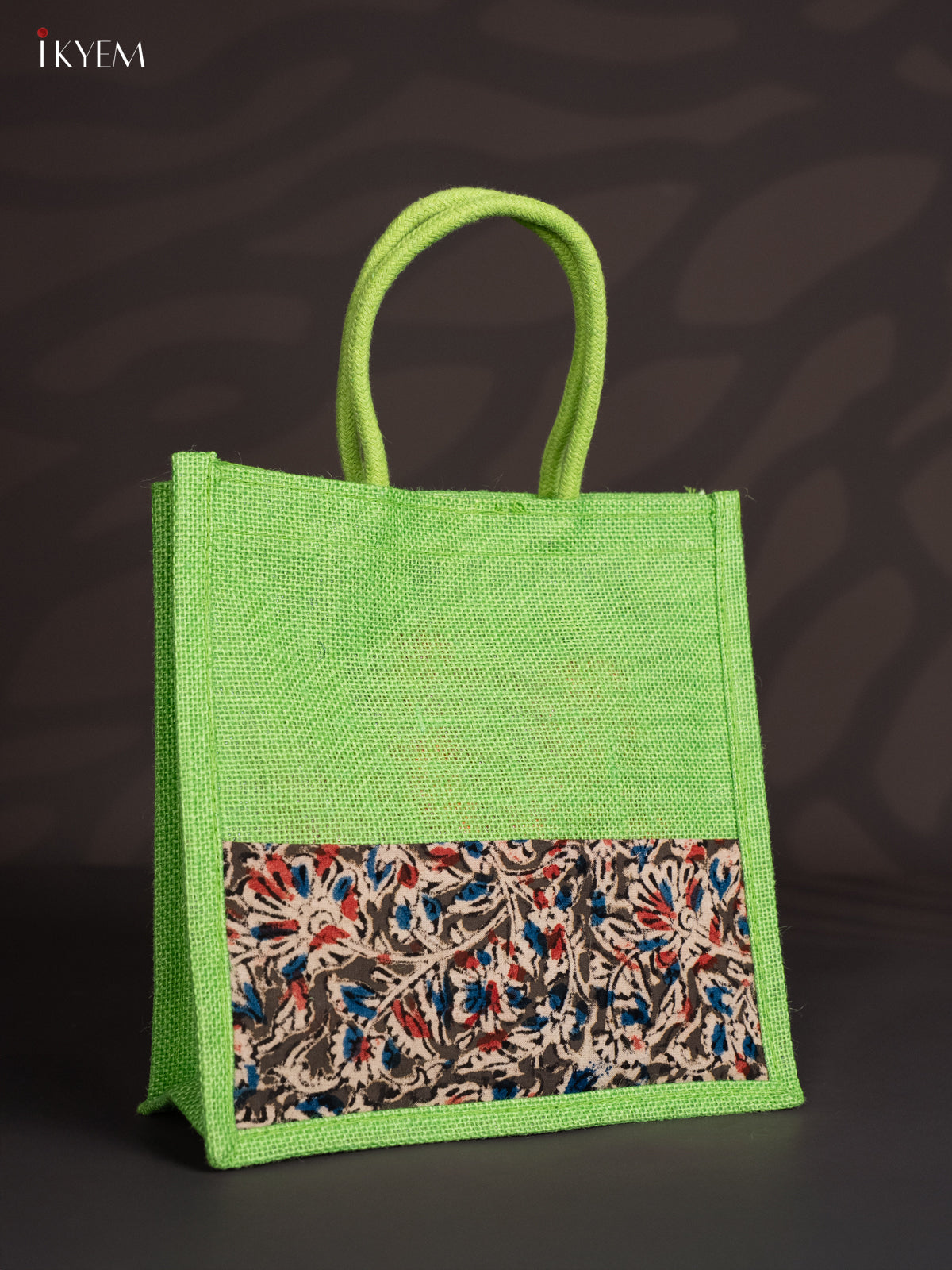 Pretty Green Half & Half Kalamkari Jute Bags with Rope Handles 