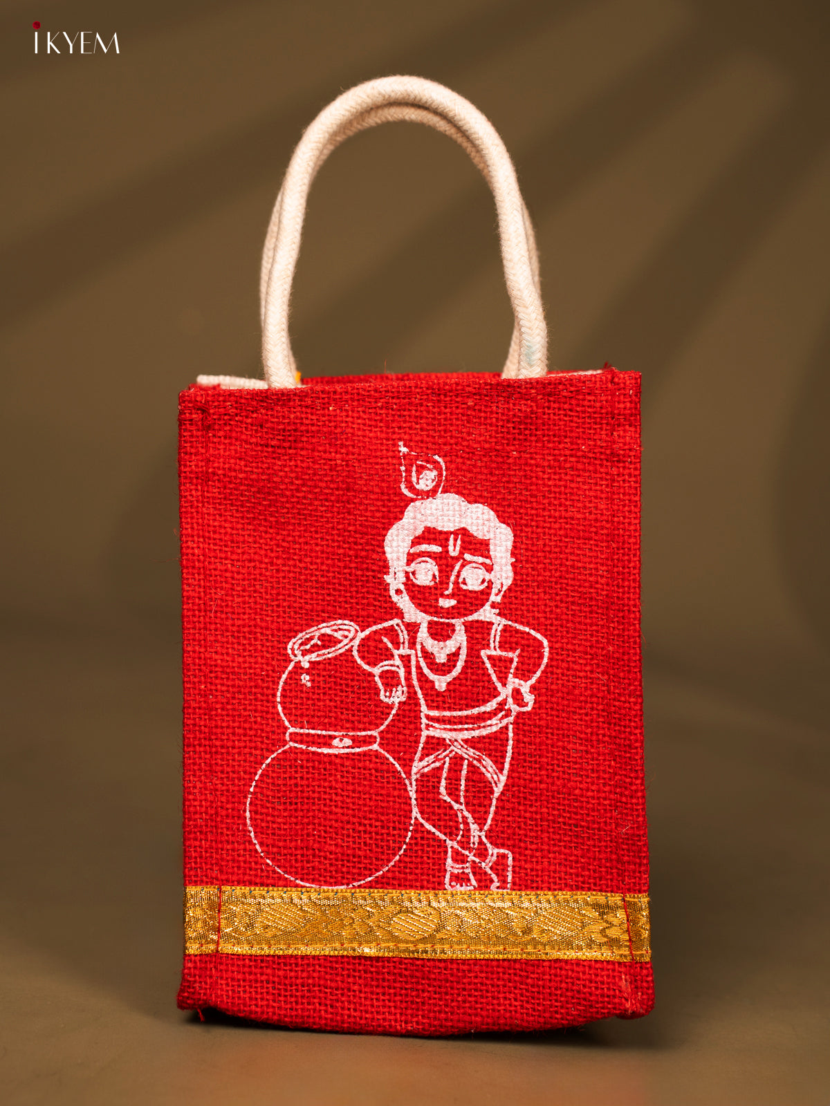 Pretty Krishna Printed REd Jute Bag With Zari Border - 8 Inch
