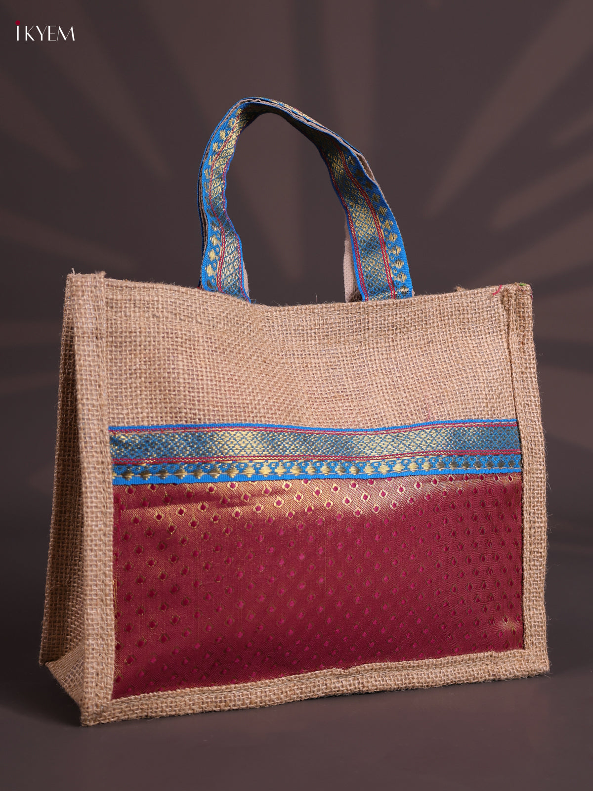 Pretty Maroon Half & Half Raw Silk Jute Bag with Velcro on Top 1