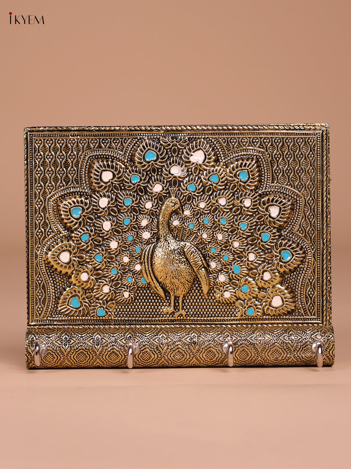 Pretty Meenakari Peacock Printed Oxidized Gold Key Hanger