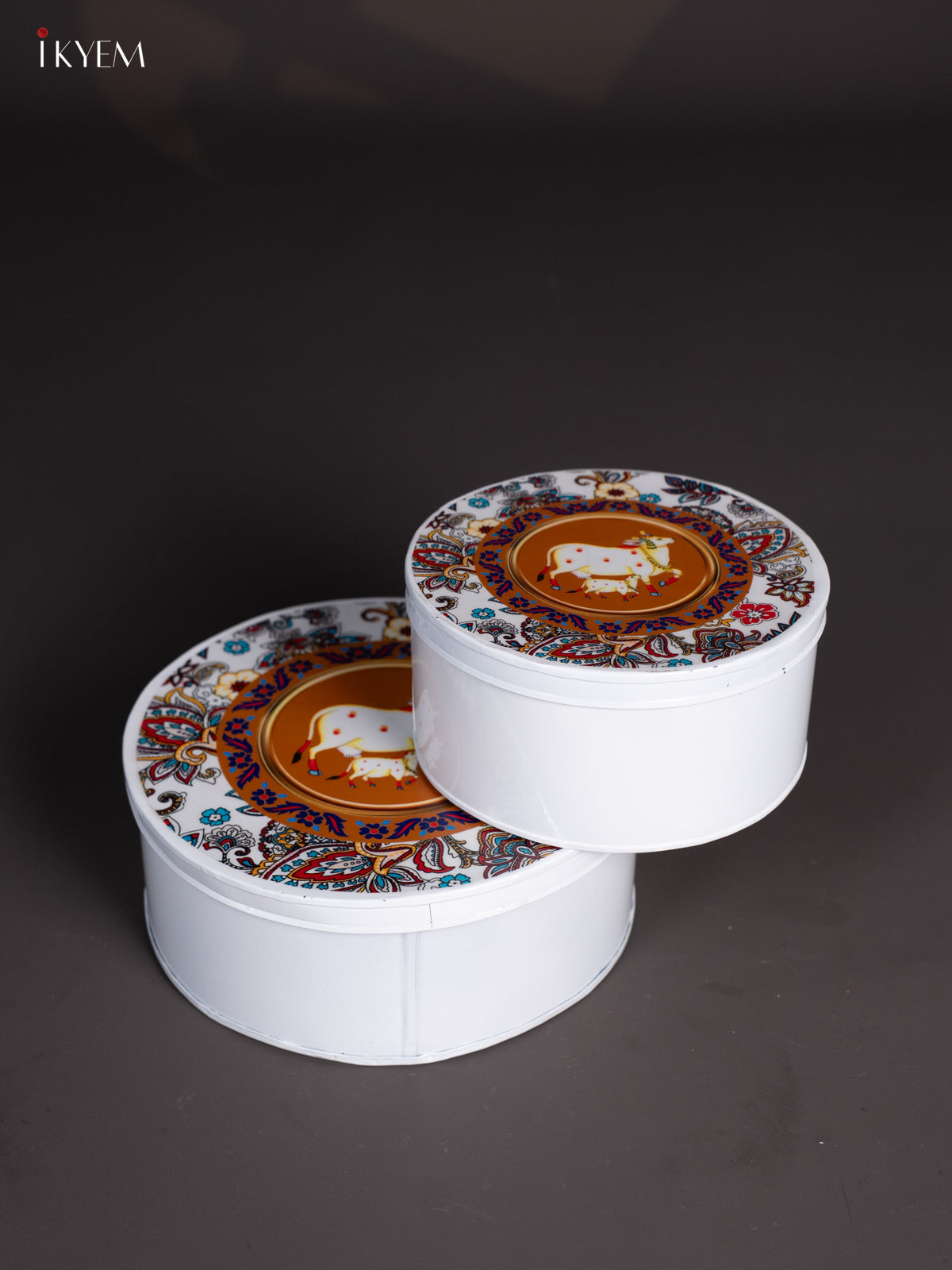 Pretty White Pichwai Cow & Calf Printed Metal Storage Box