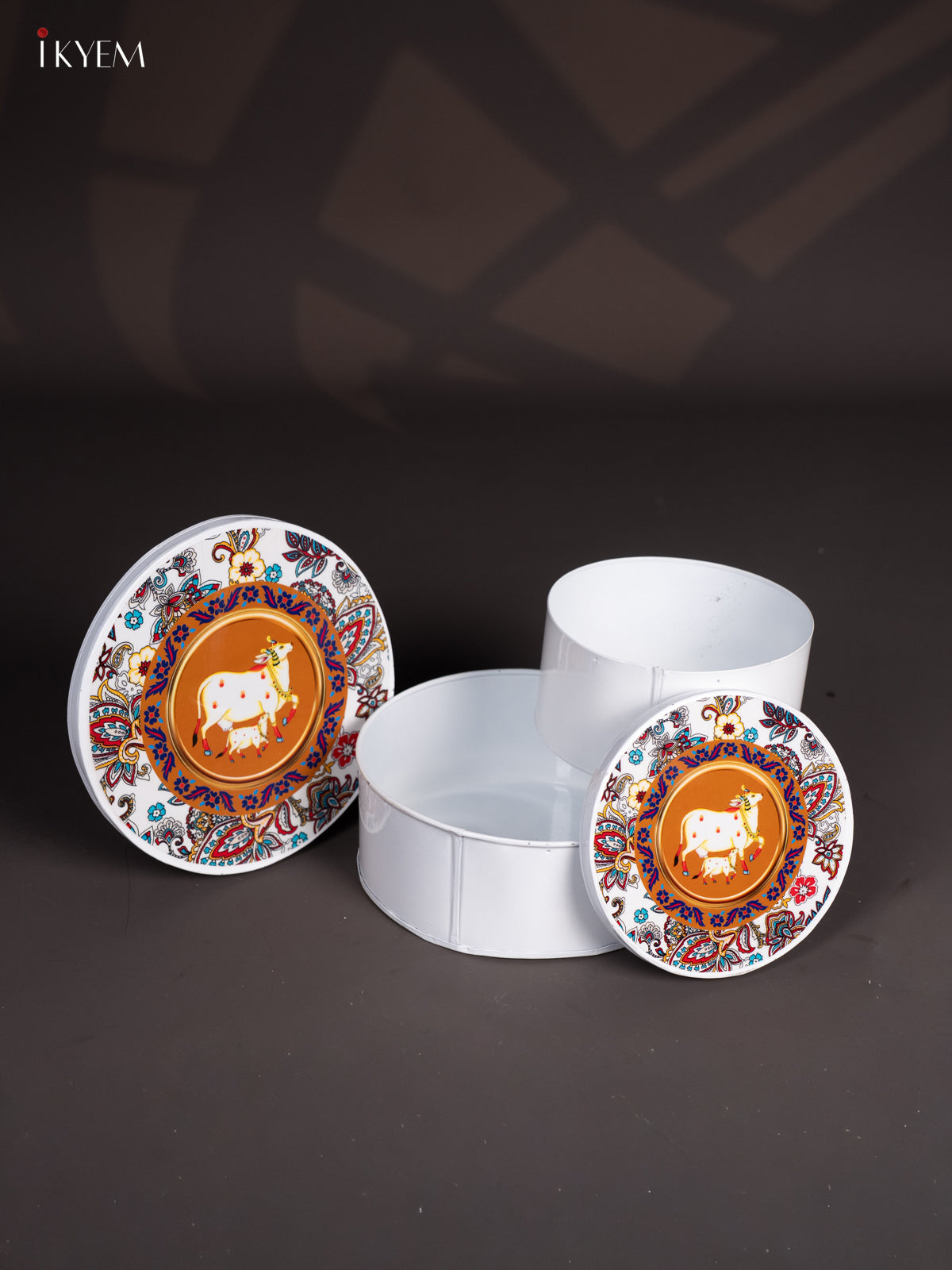 Pretty White Pichwai Cow & Calf Printed Metal Storage Box 1