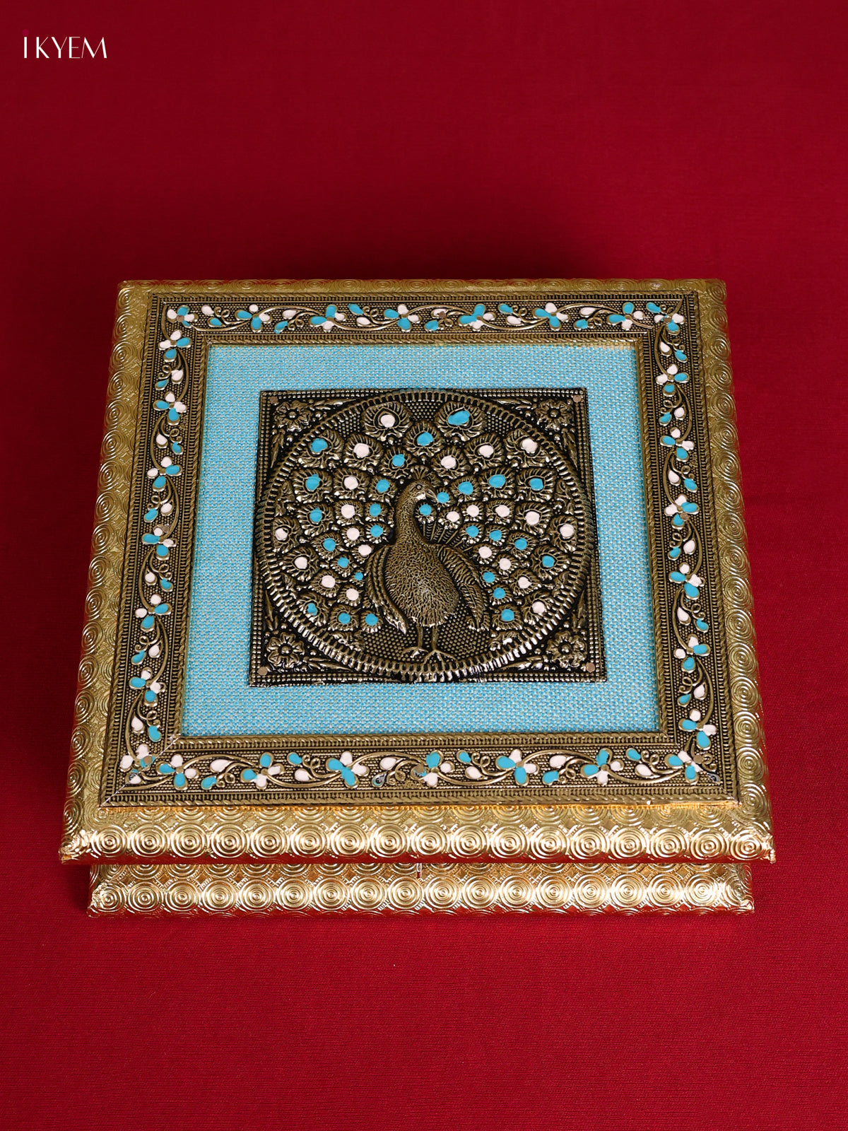 Pretty Wooden Dry Fruit Box In Turquoise With Peacock Design