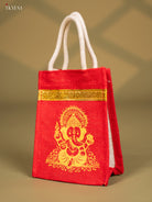 Red Jute Bag With Lord Ganapathy Print - 8 Inch