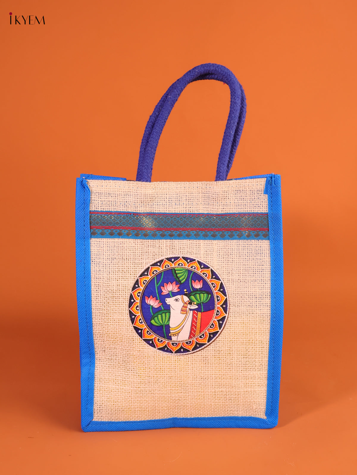 Regal Blue Pichwai Cow Printed Jute bag With Zari Border