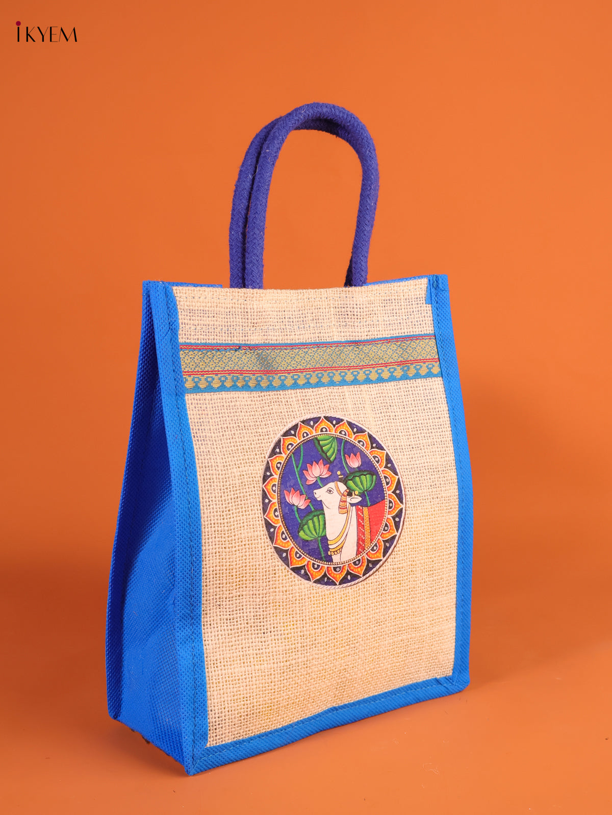 Regal Blue Pichwai Cow Printed Jute bag With Zari Border 1