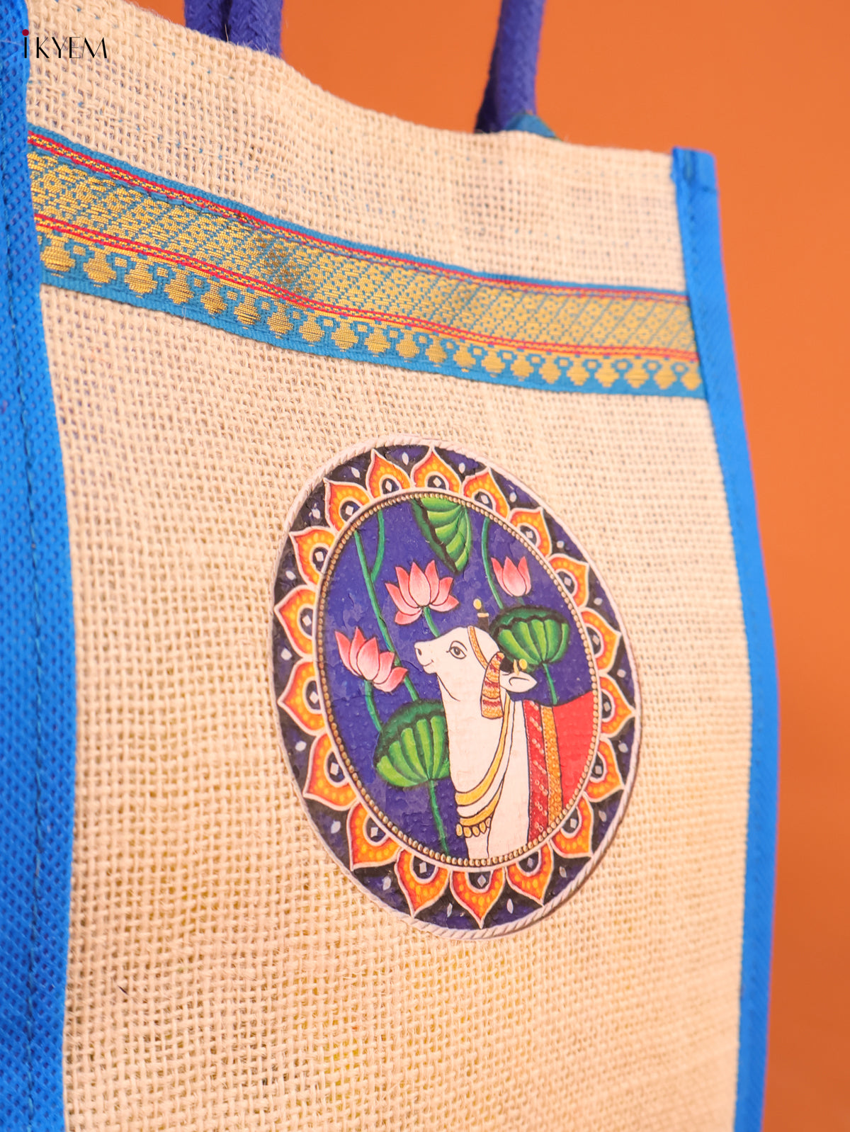 Regal Blue Pichwai Cow Printed Jute bag With Zari Border 2