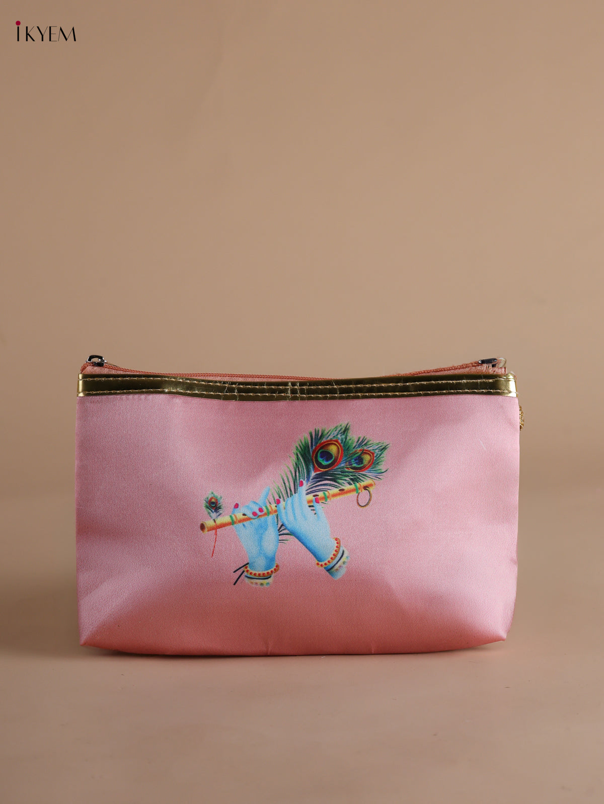 Regal Krishna Flute & Peacock Feather Printed Peach Purse with Zipper