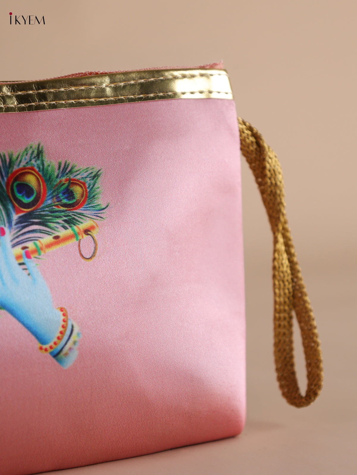 Regal Krishna Flute & Peacock Feather Printed Peach Purse with Zipper 1