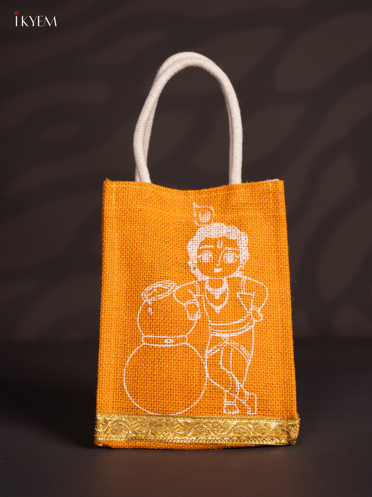 Regal Krishna Printed Yellow Jute Bag With Zari Border - 8 Inch