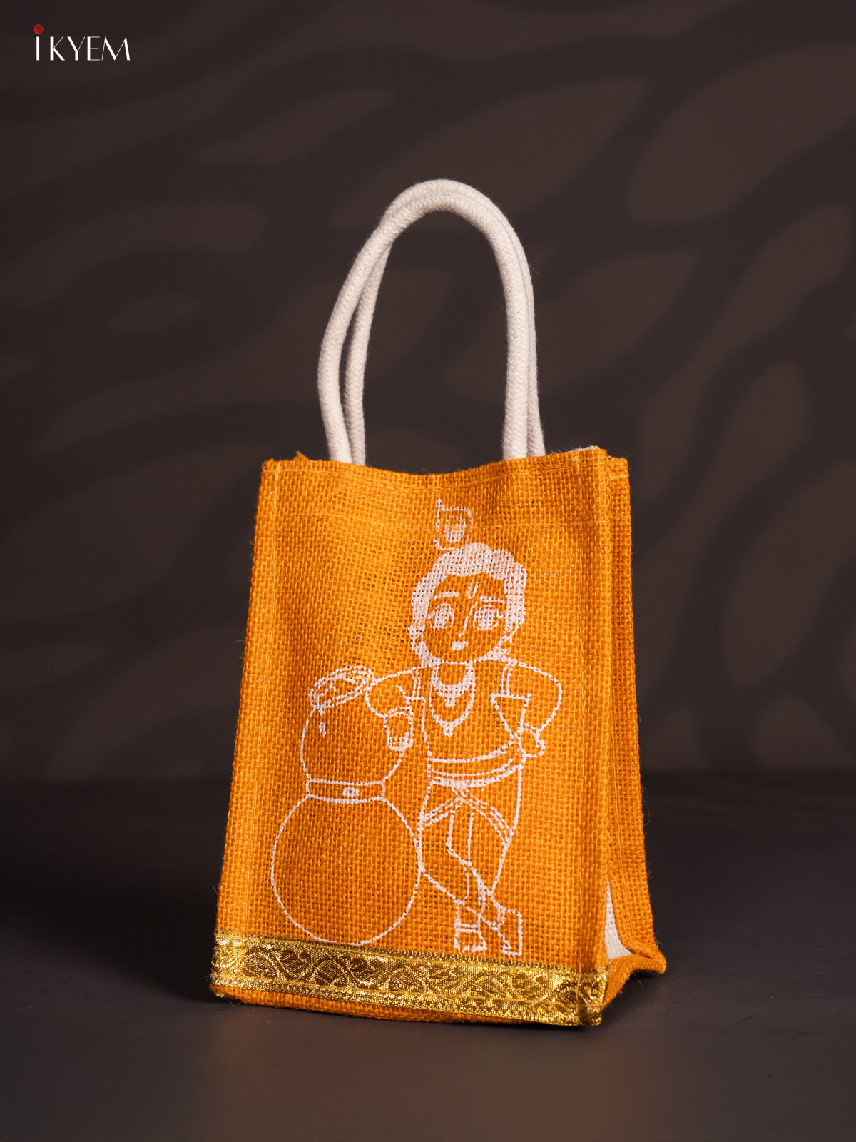 Regal Krishna Printed Yellow Jute Bags With Zari Border 