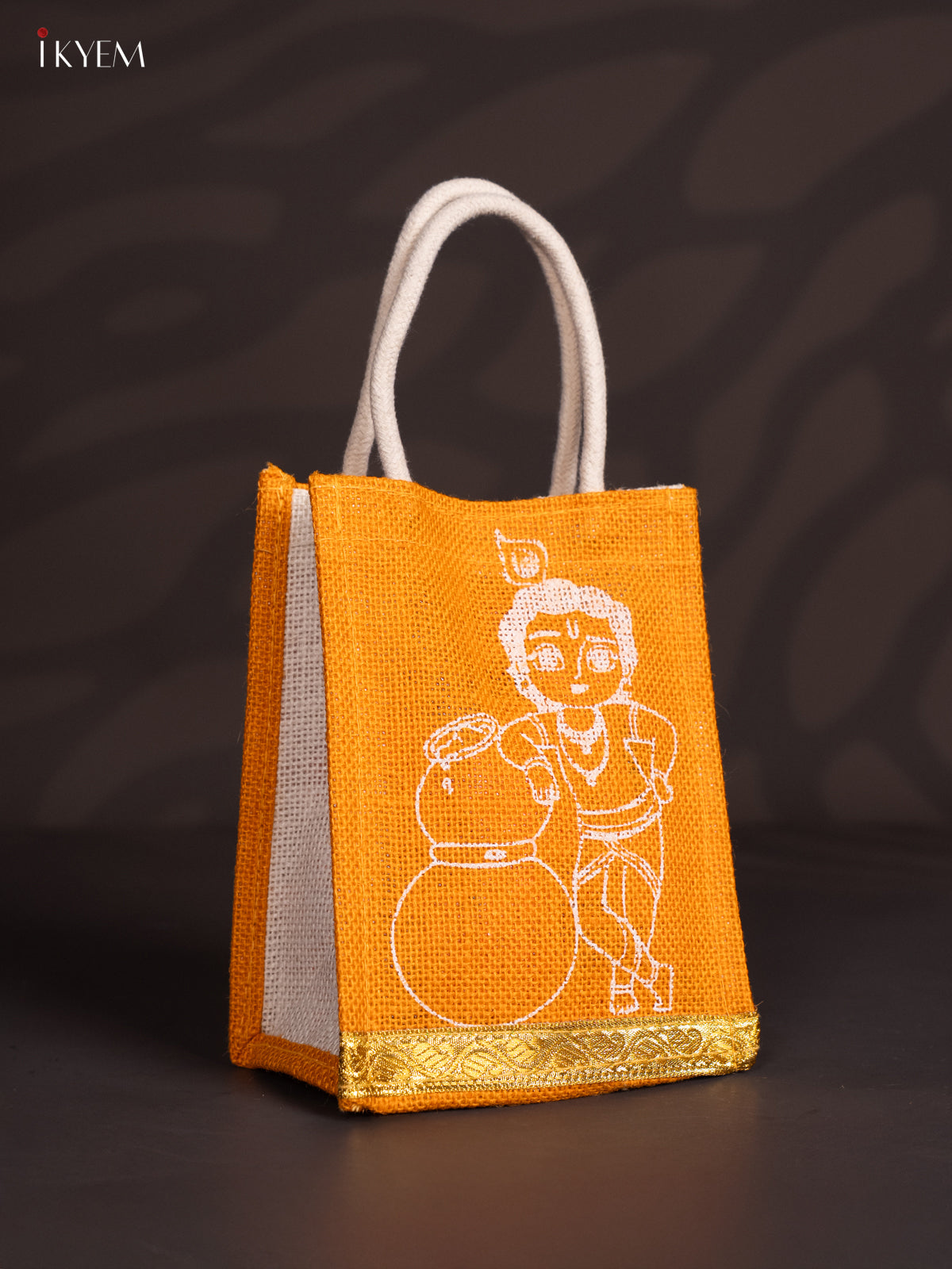 Regal Krishna Printed Yellow Jute Bags With Zari Border - 8 Inch