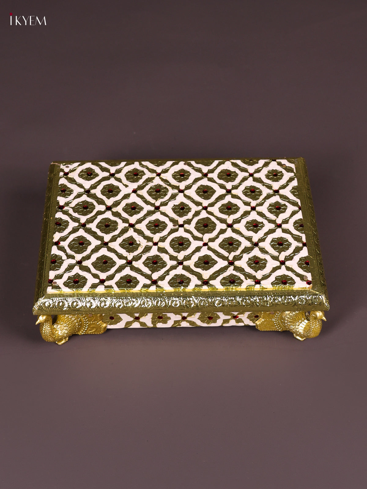 Regal White Meenakari Printed Chowki with Peacock Embossed Legs