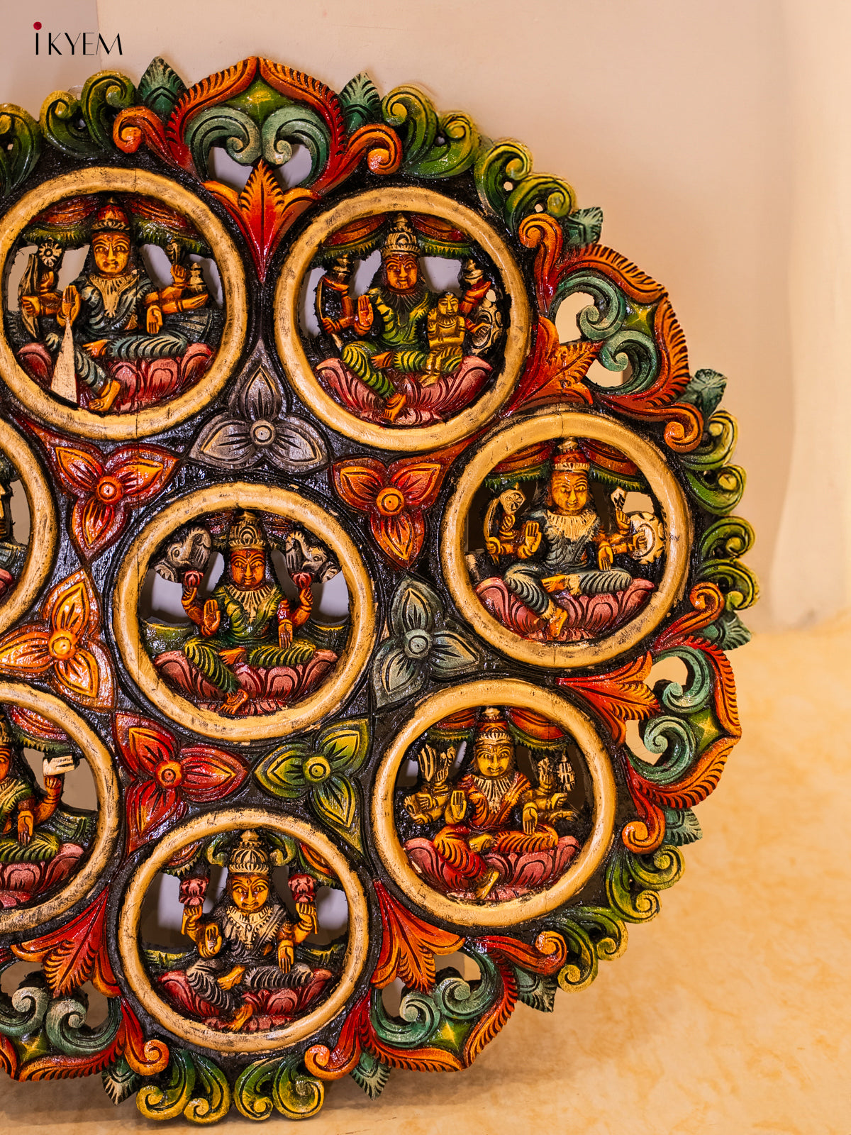 Sacred Handcrafted Ashtalakshmi Circular Wooden Panel 3
