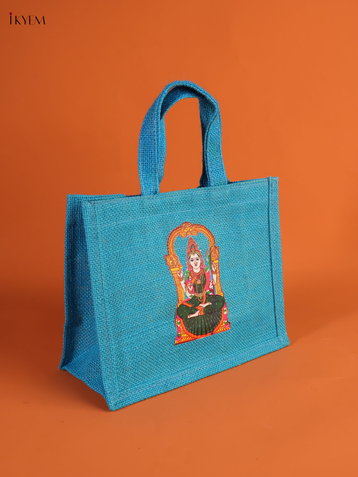 Serene Goddess Kamatchi Printed Sky Blue Jute Bag With Transparent Window 1