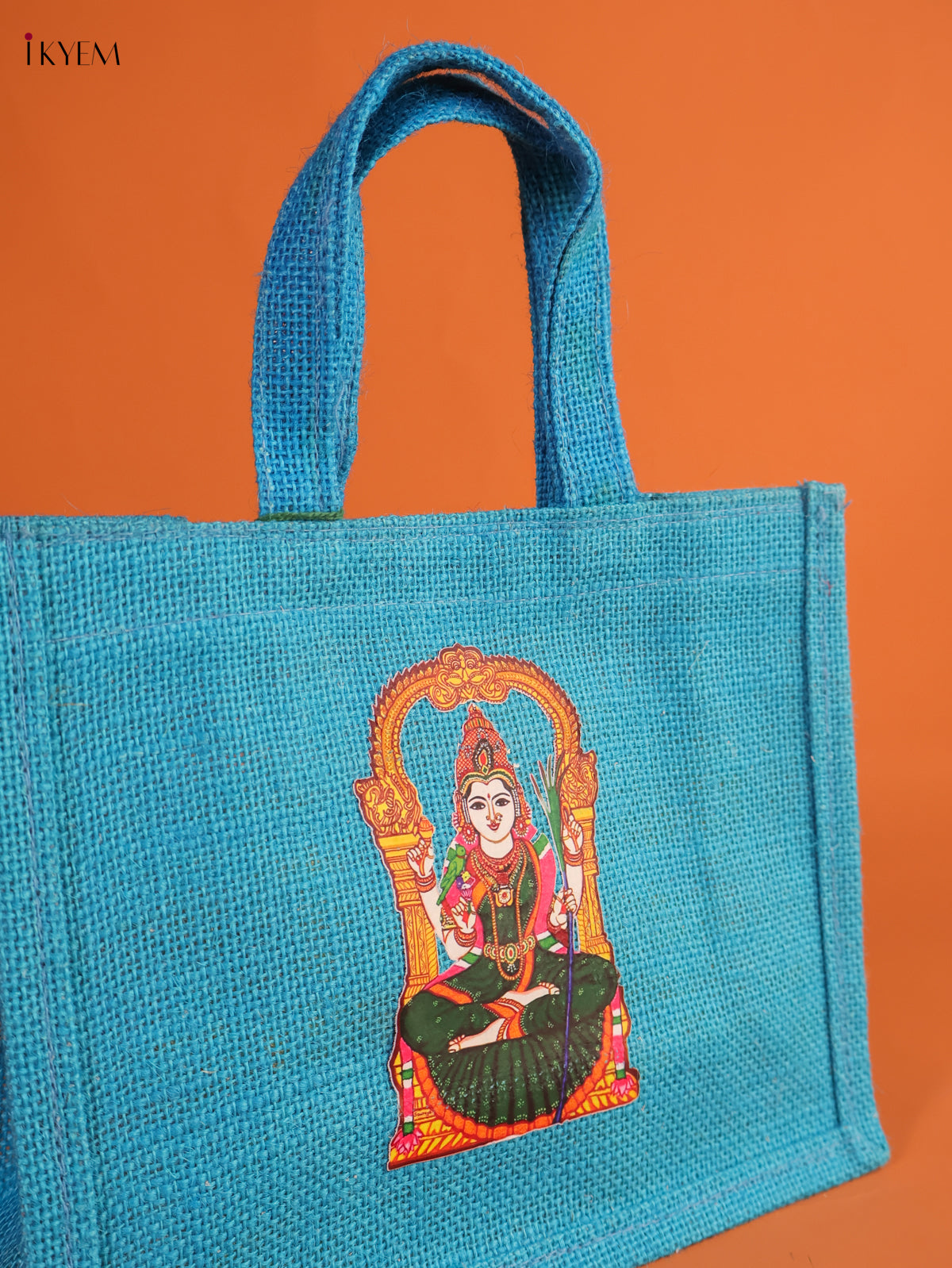 Serene Goddess Kamatchi Printed Sky Blue Jute Bag With Transparent Window 2