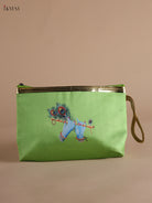 Serene Krishna Flute & Peacock Feather Printed Green Purse with Zipper