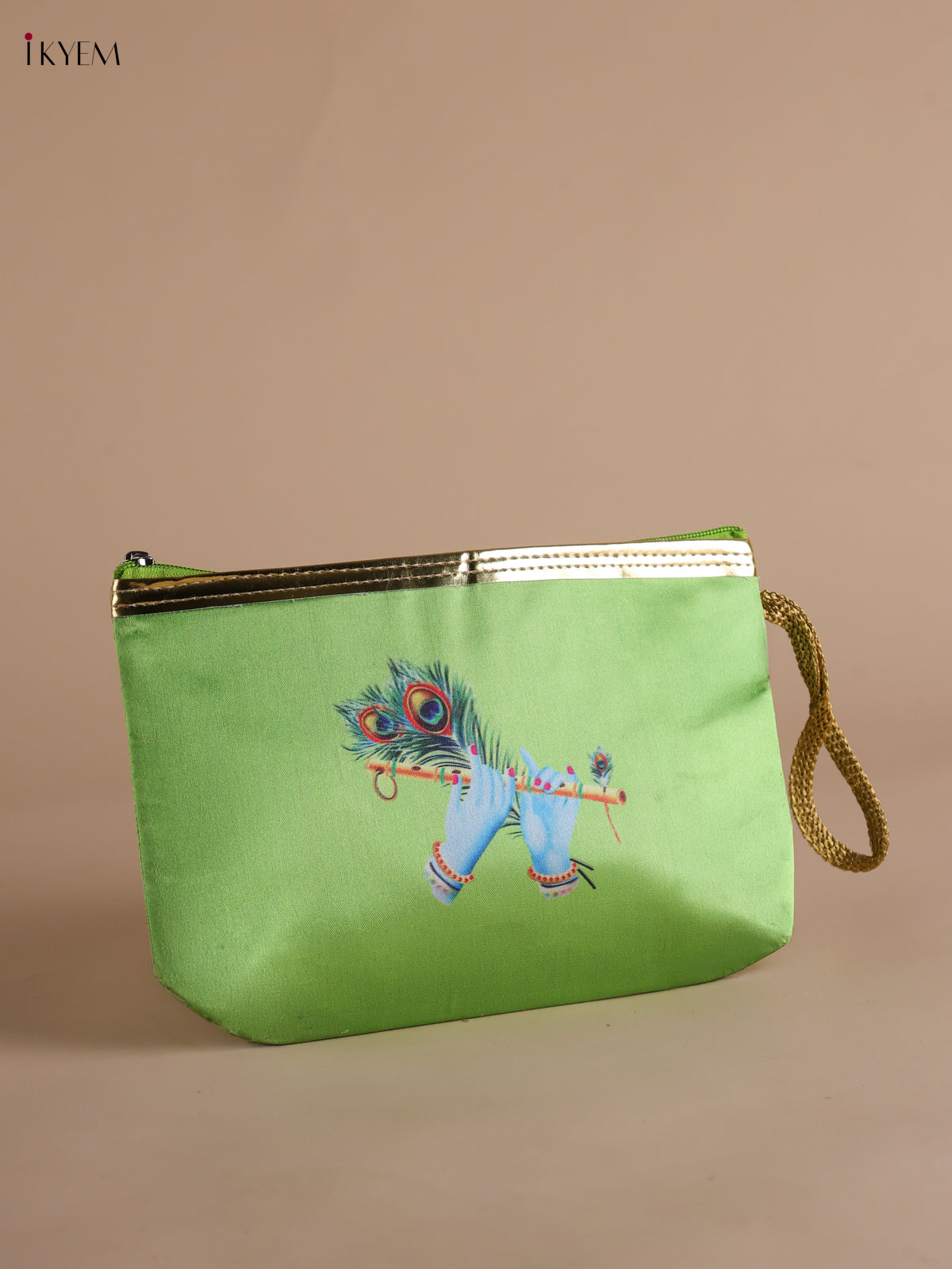 Serene Krishna Flute & Peacock Feather Printed Green Purse with Zipper 1