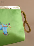 Serene Krishna Flute & Peacock Feather Printed Green Purse with Zipper 2