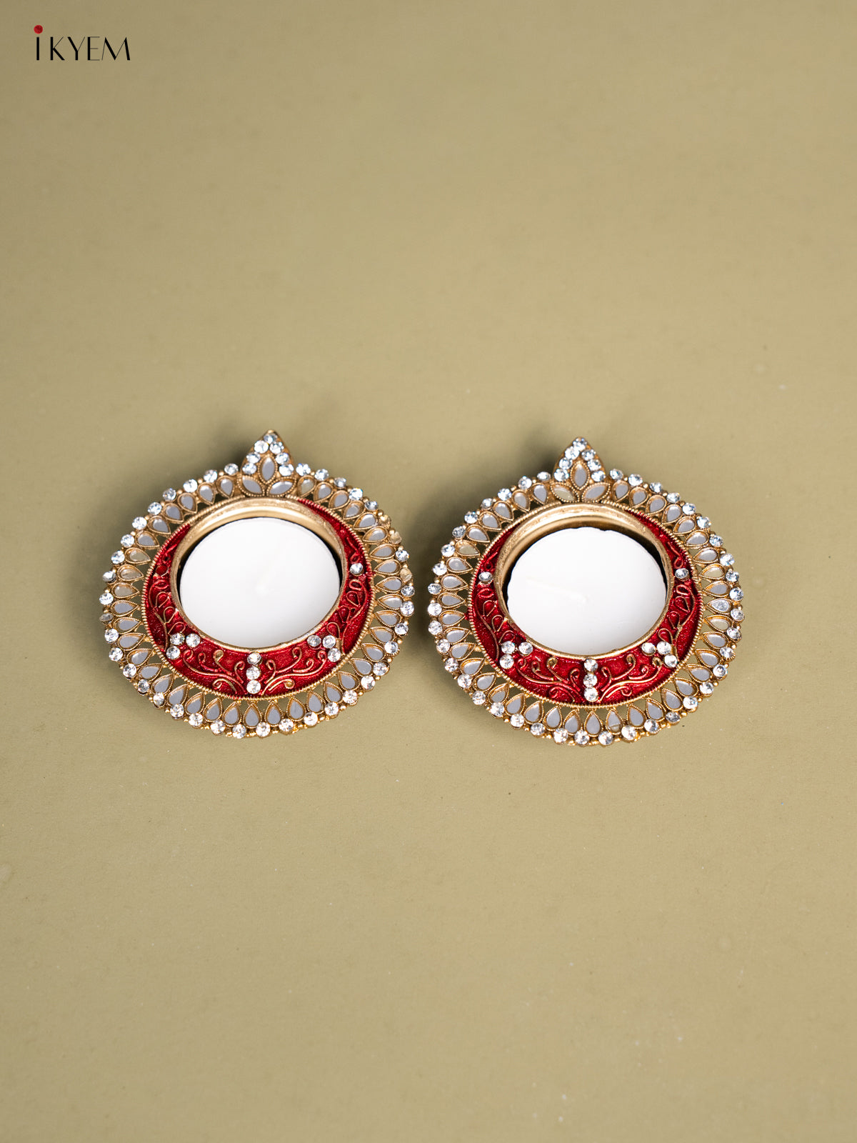 Set of 2 Red Coloured T Light Candle Holder with Mirror work