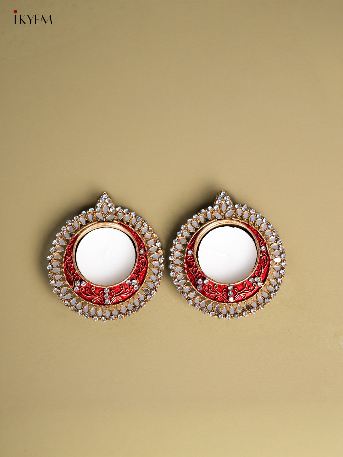 Set of 2 Red Coloured T Light Candle Holder with Mirror work 1