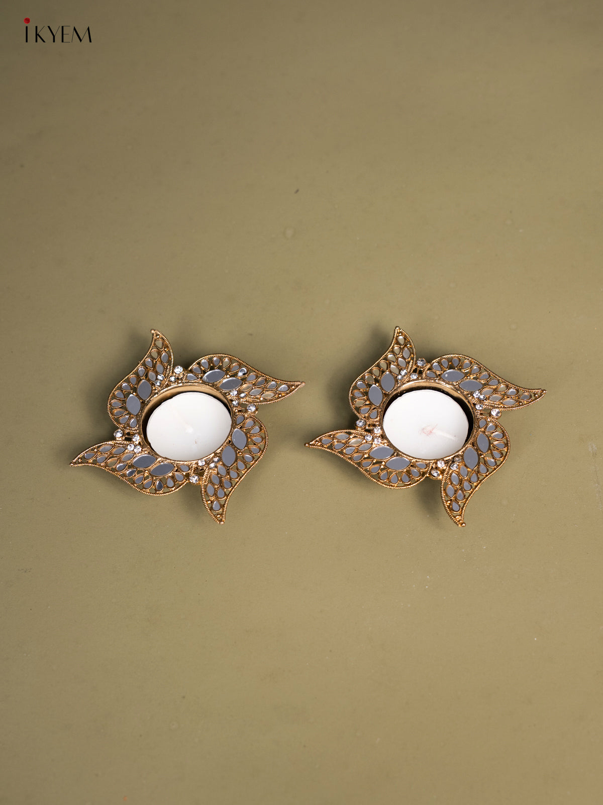 Set of 2 Swastik shaped T Light Candle Holder with Mirror work 
