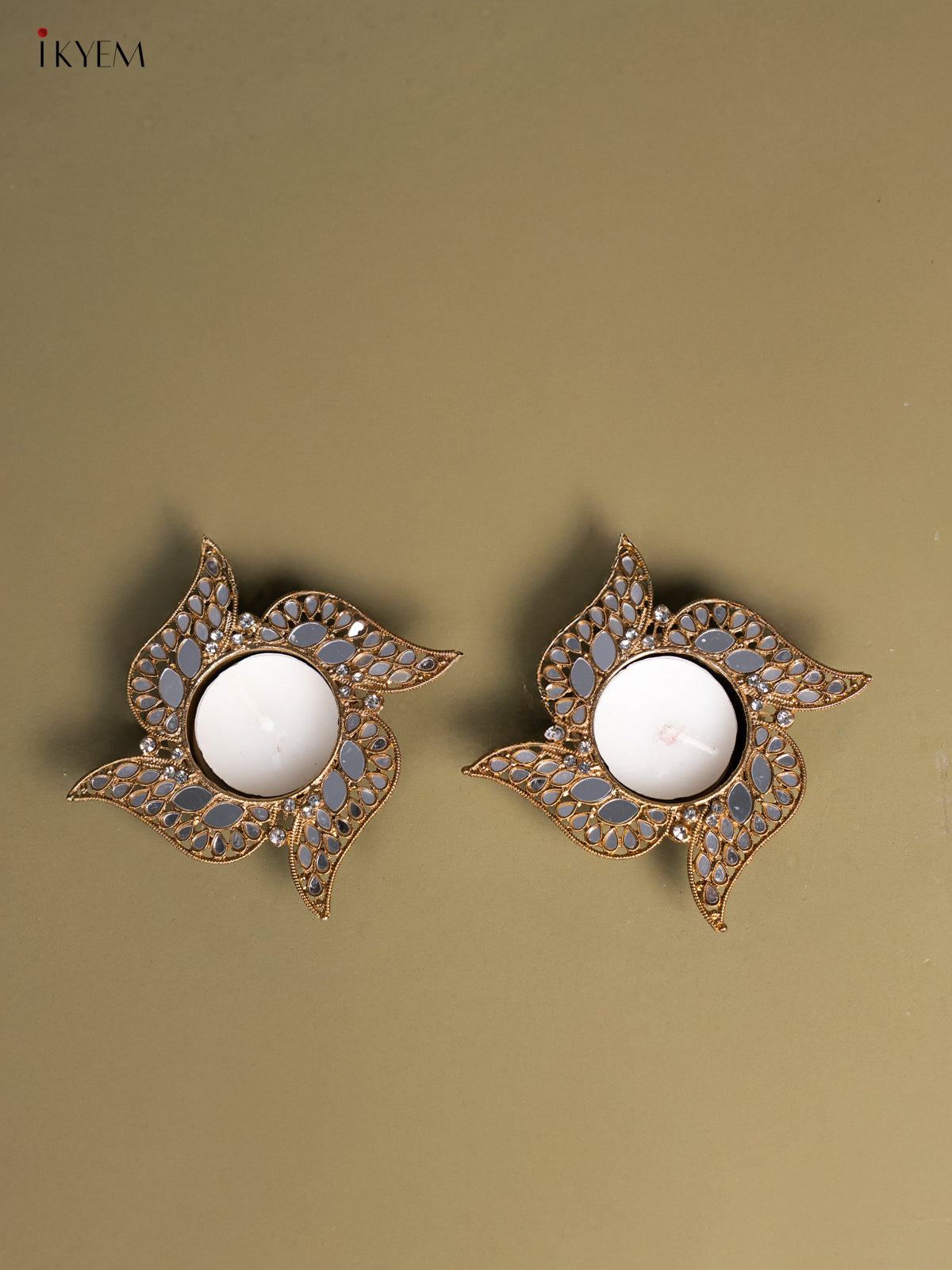 Set of 2 Swastik shaped T Light Candle Holder with Mirror work 1