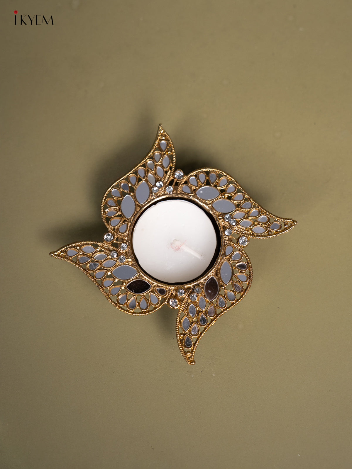 Set of 2 Swastik shaped T Light Candle Holder with Mirror work 2