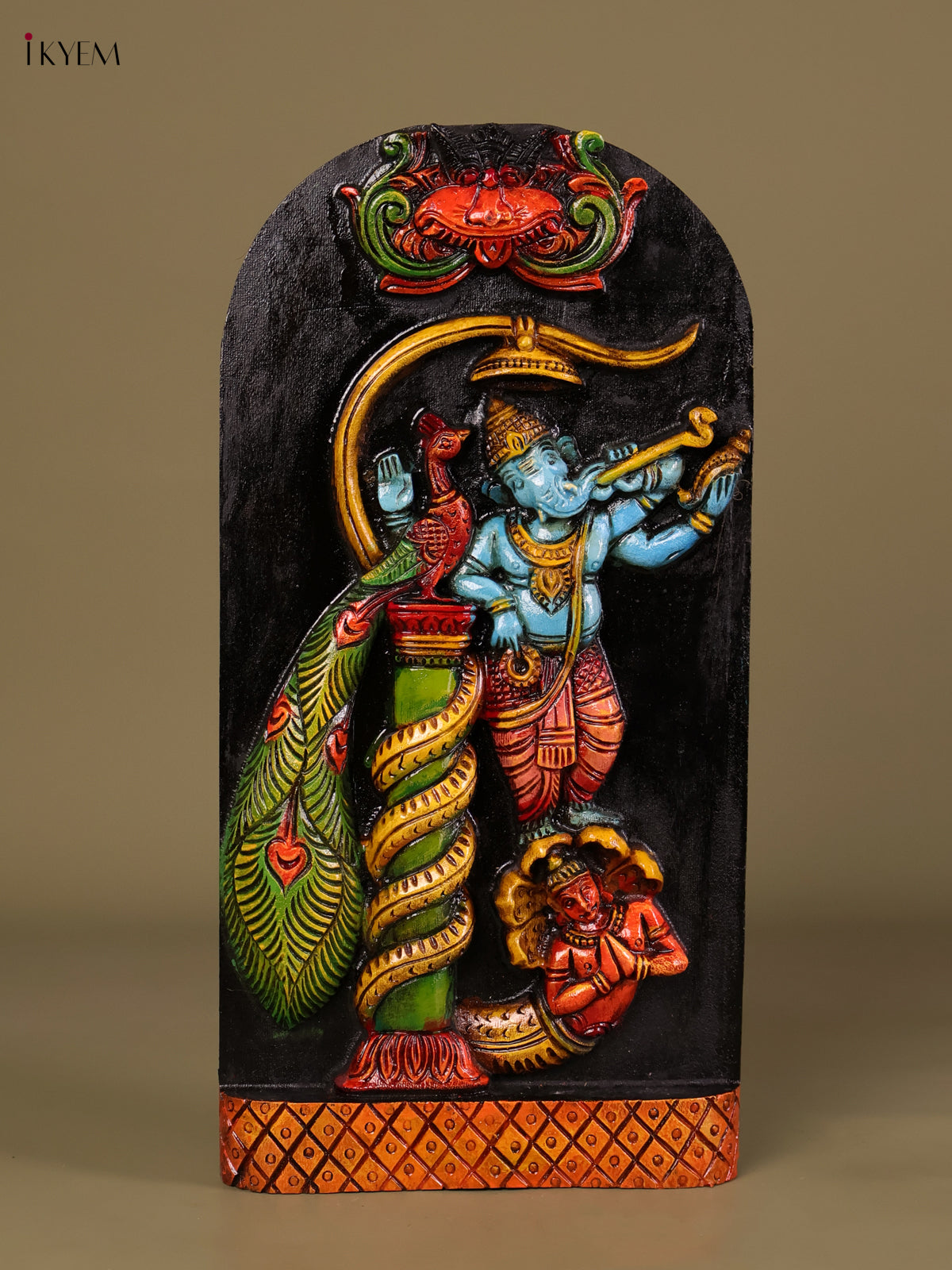 Striking Hand Painted Flute Playing Ganesha Wooden Wall Panel 