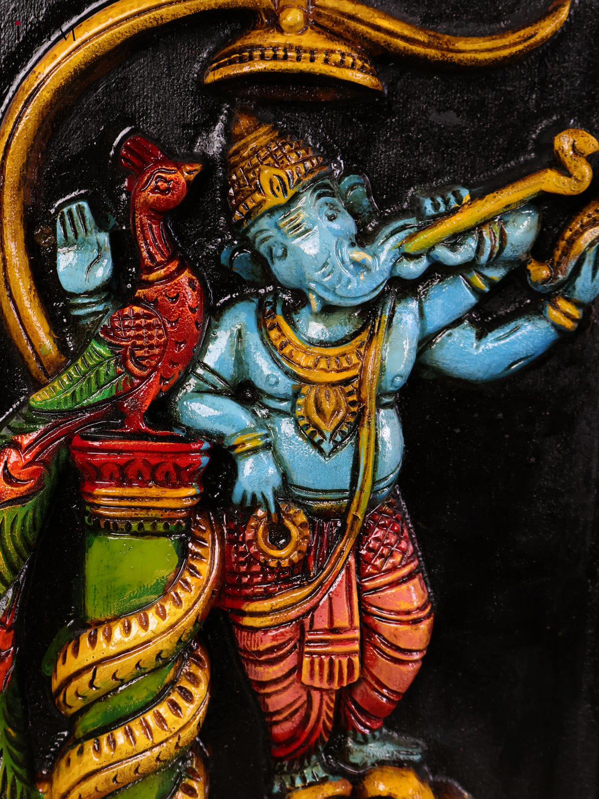 Striking Hand Painted Flute Playing Ganesha Wooden Wall Panel 1