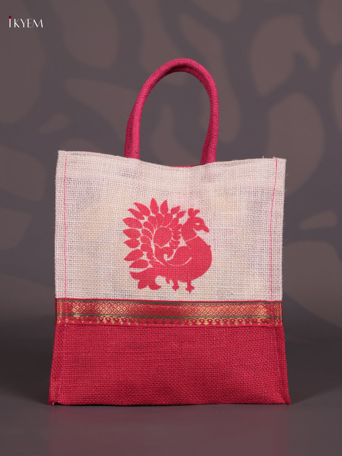 Striking Peacock Printed Red & Beige Jute Bag