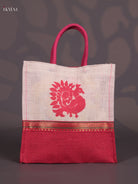Striking Peacock Printed Red & Beige Jute Bag