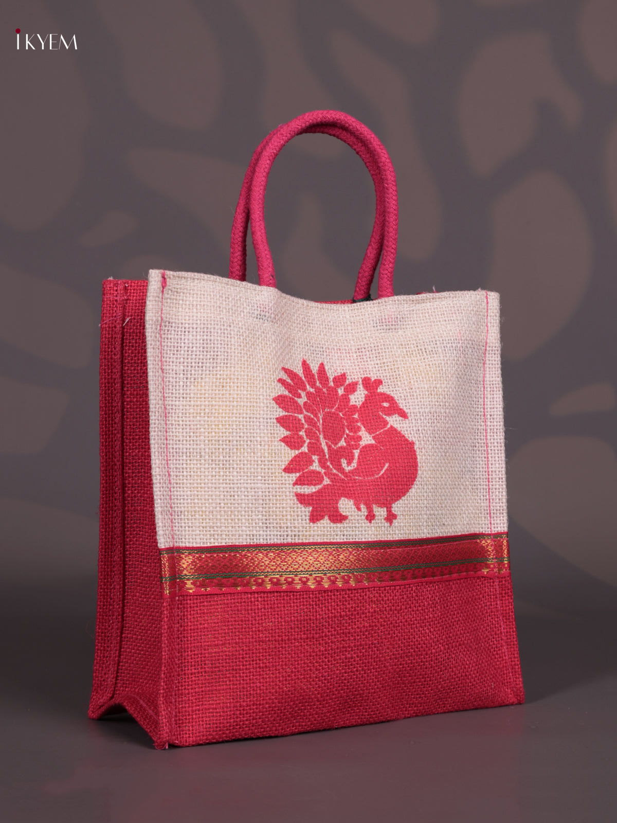 Striking Peacock Printed Red & Beige Jute Bags