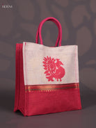 Striking Peacock Printed Red & Beige Jute Bags