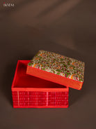 Striking Red Kalamkari Printed Red Korai Square Box 