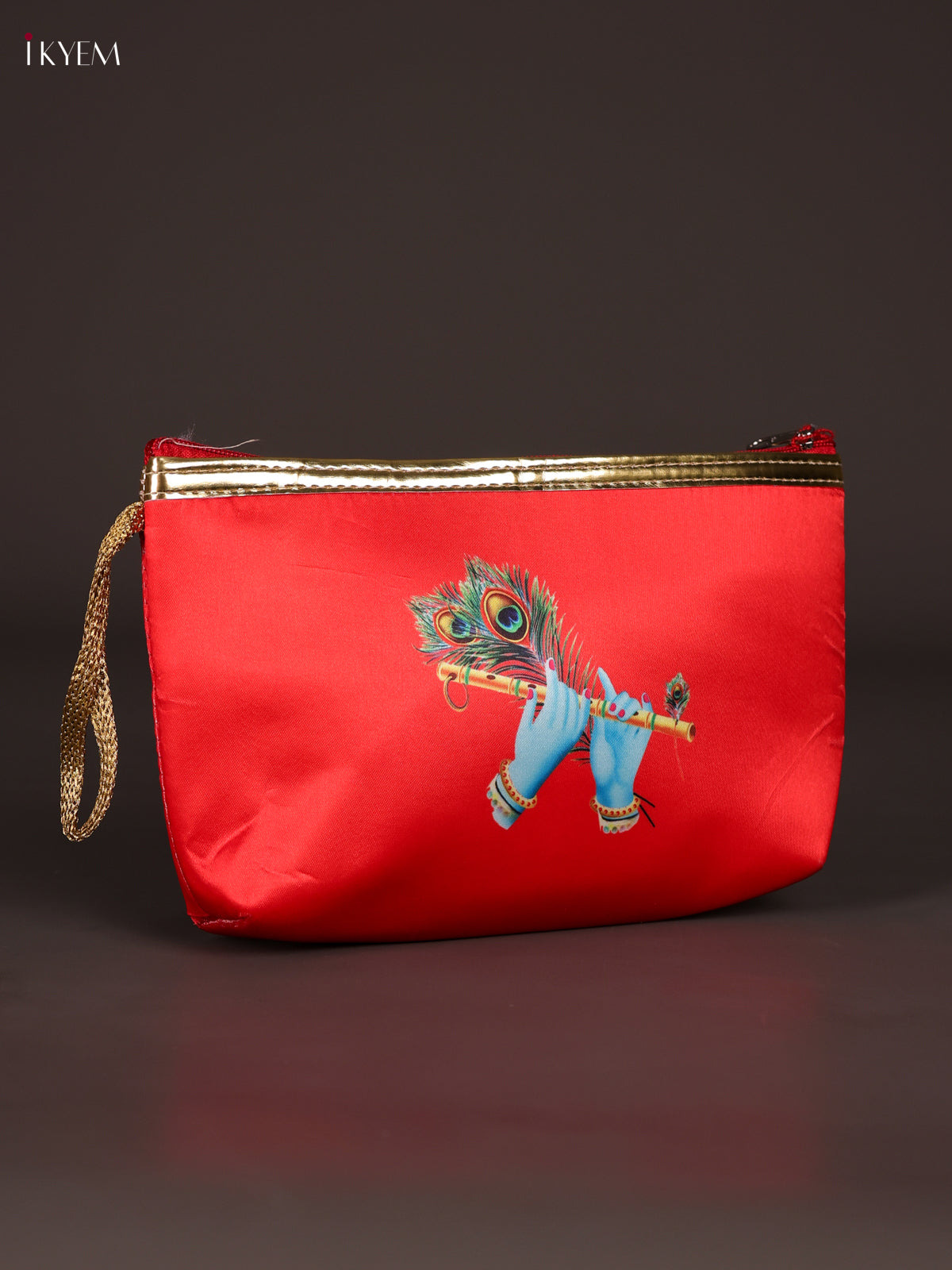 Striking Red Krishna Flute & Peacock Feather Printed Purse With Zipper 1