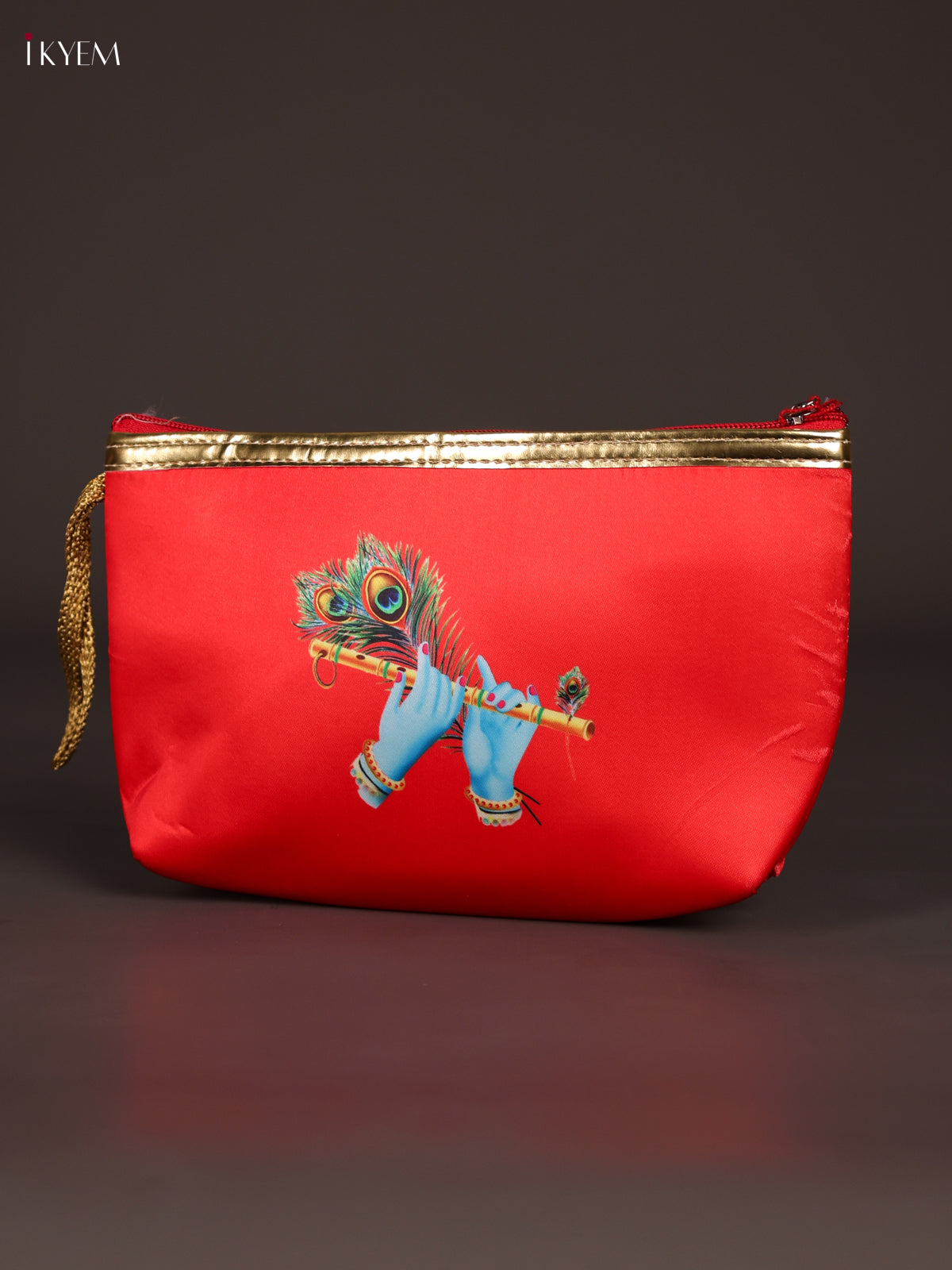 Striking Red Krishna Flute & Peacock Feather Printed Purse With Zipper 2