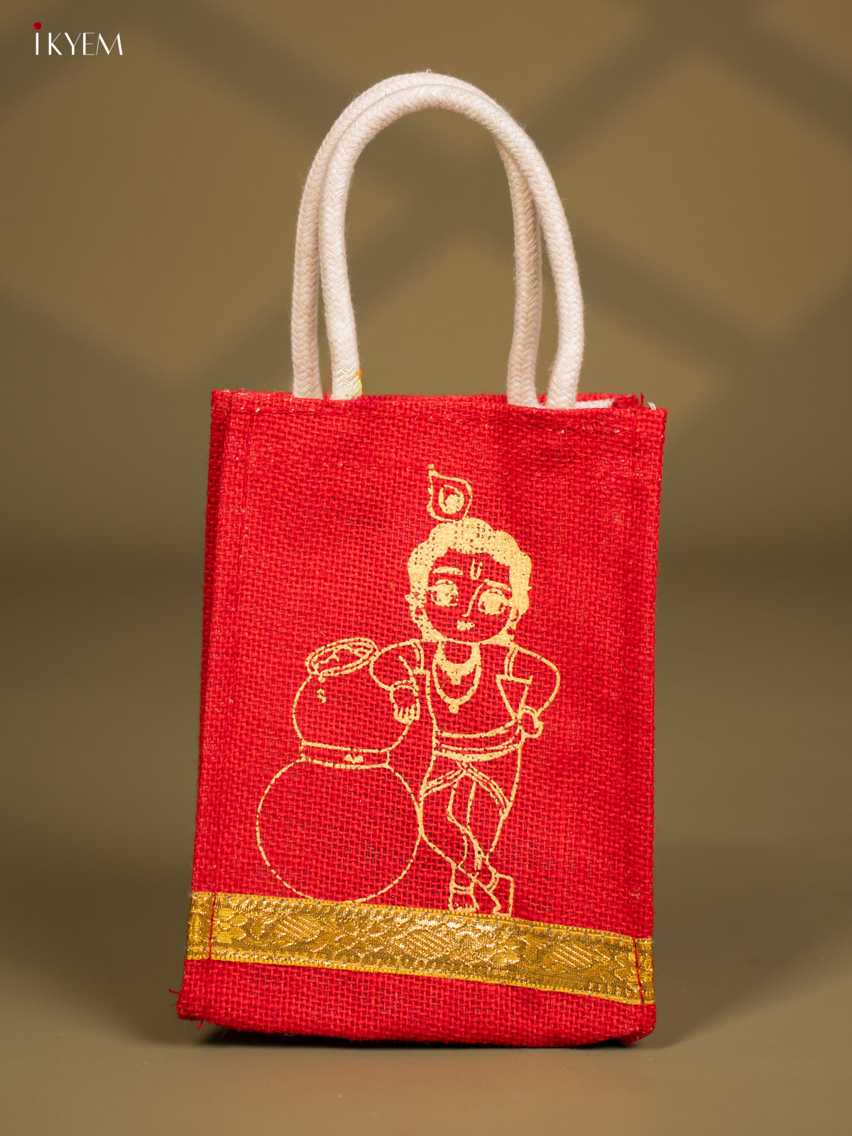 Strikinig Krishna Printed Red Jute Bag With Zari Border - 8 Inch