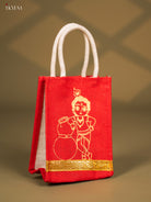 Strikinig Krishna Printed Red Jute Bags With Zari Border - 8 Inch