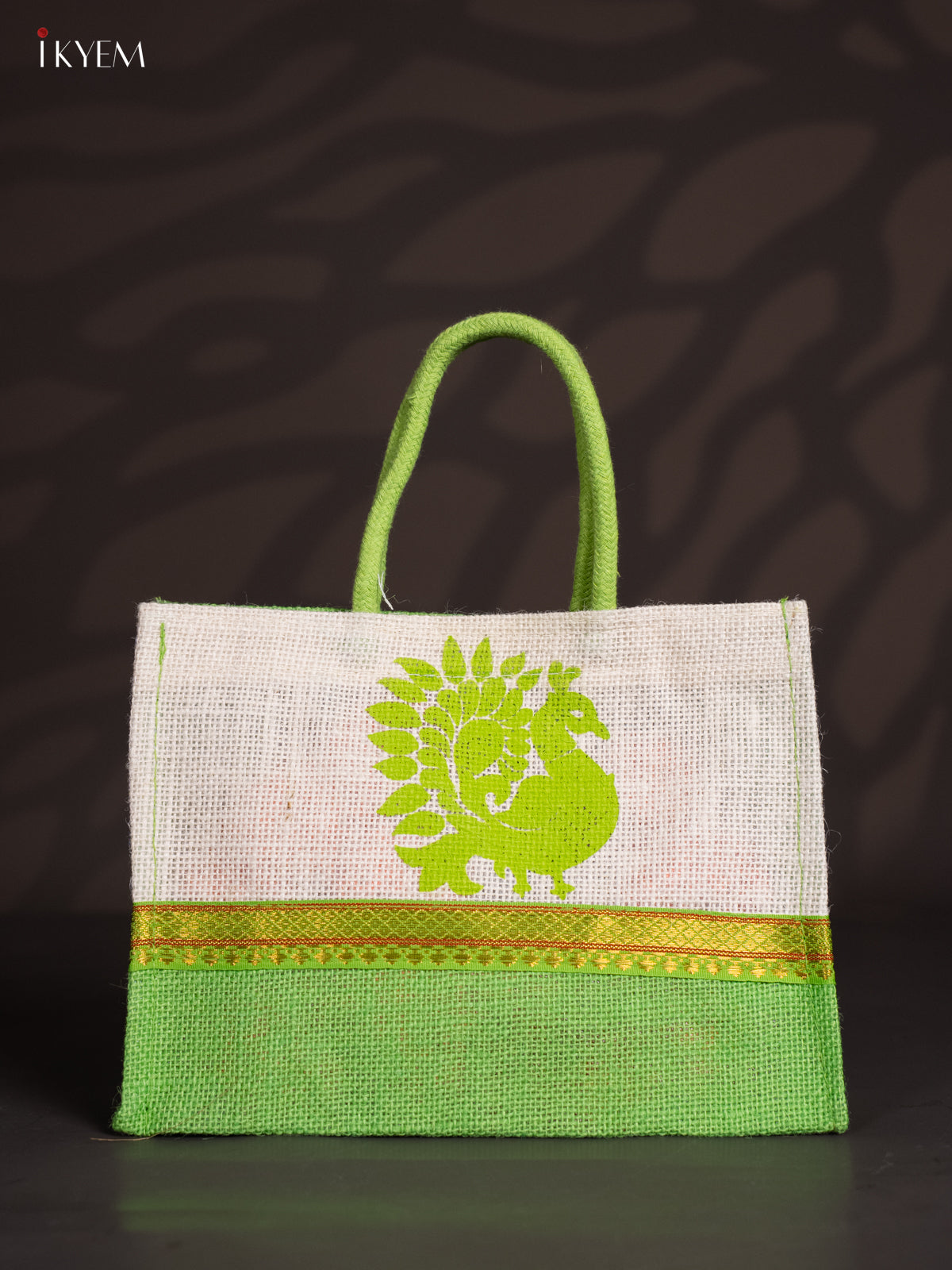 Stunning Green & White Jute Bag With Peacock Print