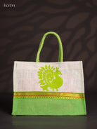 Stunning Green & White Jute Bag With Peacock Print