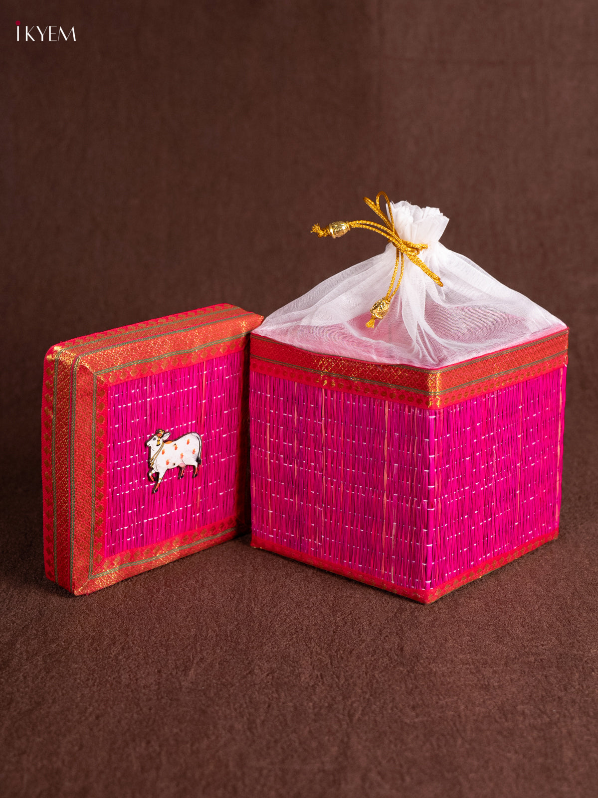 Stunning Pink Korai Gift Box with Net Potli & Pichwai Cow Motif 1