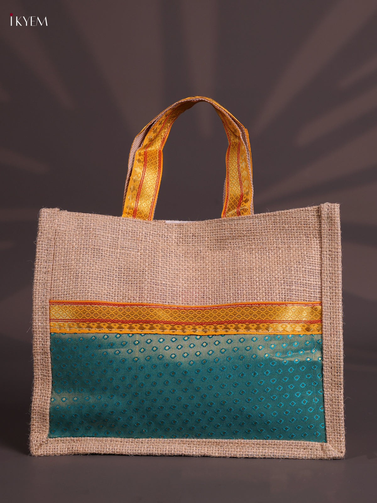 Teal Blue Half & Half Raw Silk Jute Bag with Velcro on Top