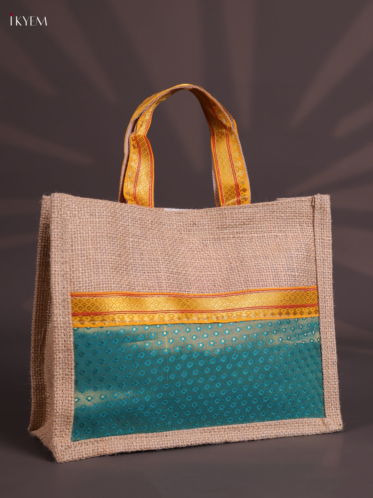 Teal Blue Half & Half Raw Silk Jute Bag with Velcro on Top 1