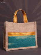Teal Blue Half & Half Raw Silk Jute Bag with Velcro on Top 1