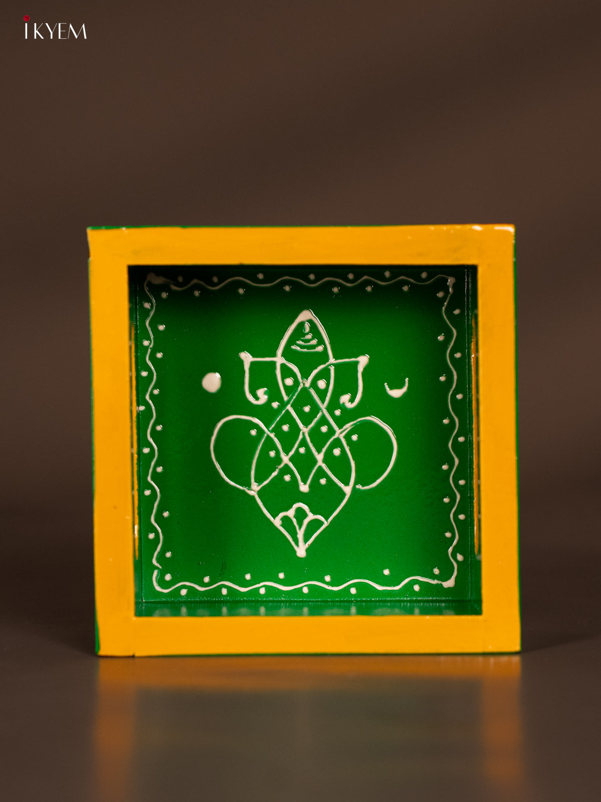 Timeless Ganesha Hand-Painted Green Square Wooden Tray - (5×5) Inch 