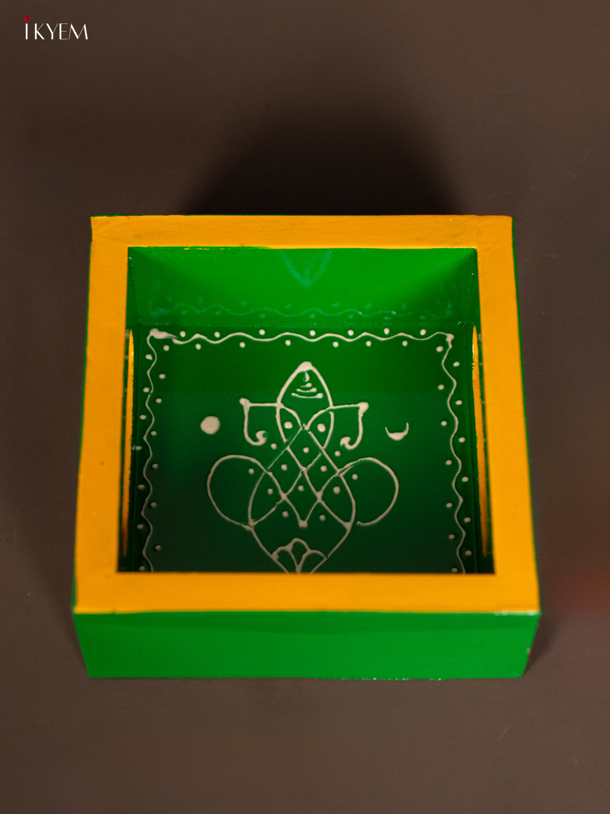 Timeless Ganesha Hand-Painted Green Square Wooden Tray 2 - (5×5) Inch 
