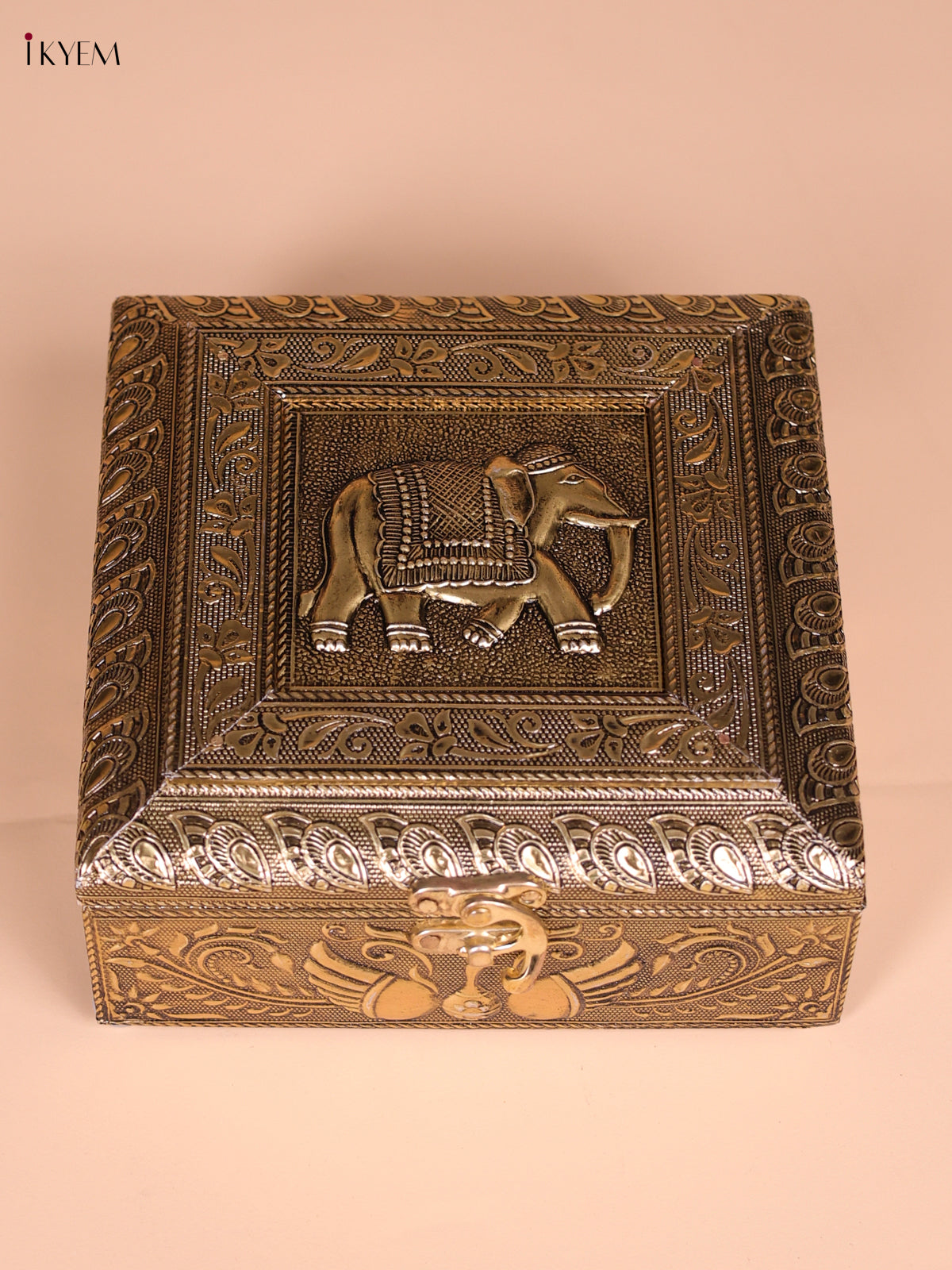 Traditional Gold Tone Finish Wooden Dry Fruit Box With Elephant Design 
