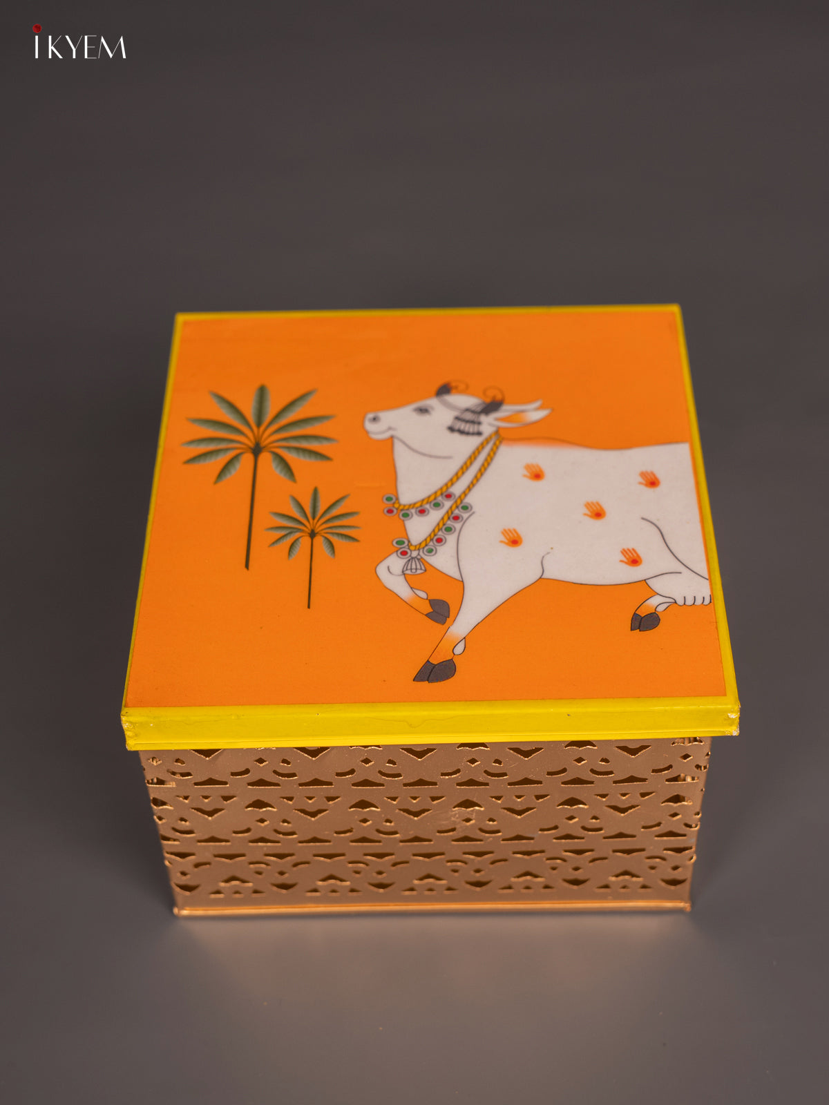 Traditional Pichwai Cow Printed Square Metal Box- 4 Inch 